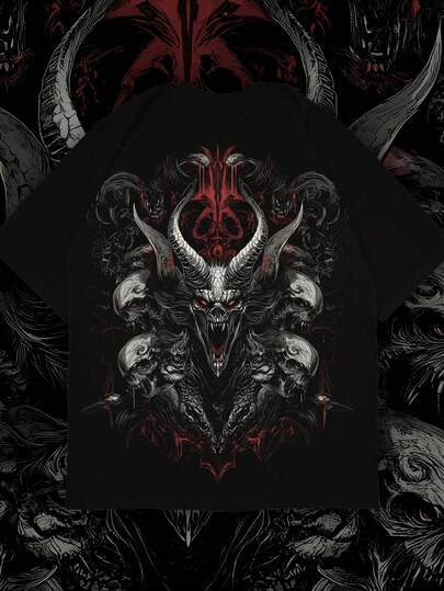 男士哥特朋克风印花T恤，都市街头时尚短袖上衣