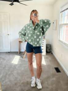 Womens Fall Winter Fleece Jacket Dot Pattern Long Sleeve Lapel Button Down Sherpa Coat - Mint Green - View 2