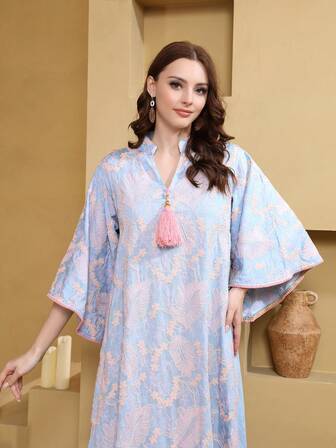 2026 New Style Ramadan Traditional Elegant Embroidered Arabic Women's Dress, JALABIA With Tassel Belt, Flared Sleeve, V-Neck