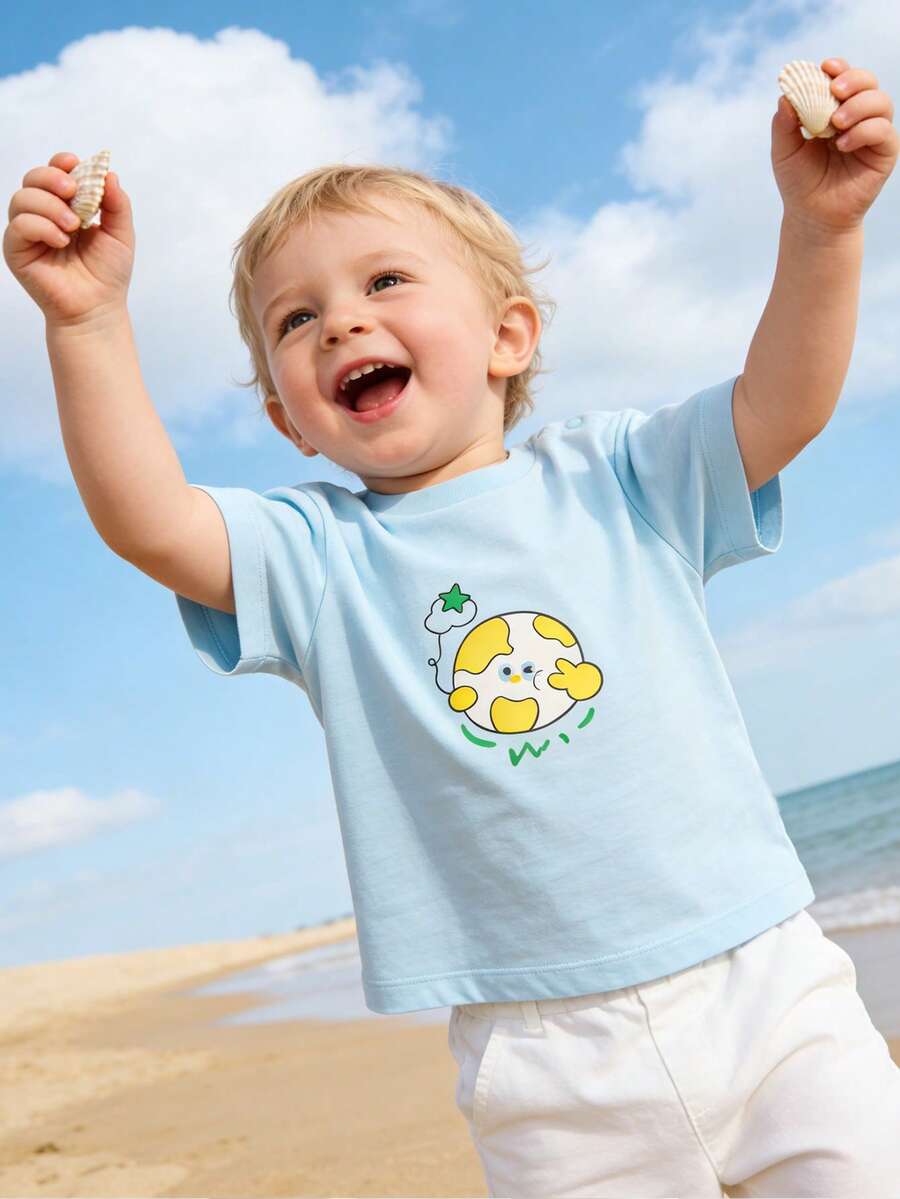 Balabala 2025 Summer Cute Baby Boy Cartoon Print Round Neck Short Sleeve Casual Top - Light Blue - View 1