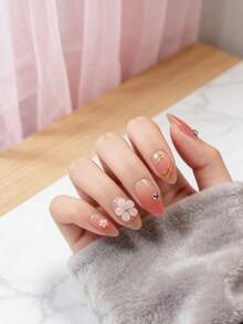 10 piezas de uñas postizas cortas, estilo niña dulce, forma almendrada, acrílicas, aptas para mujeres y niñas para usar en fiestas y vacaciones. Juego de uñas postizas reutilizables hechas a mano con 1 lima de uñas mini y 1 etiqueta autoadhesiva