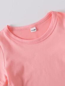 女婴时尚卡通女孩团体印花短袖上衣和星星印花裤子套装，春夏款 - 粉色 - 查看 8