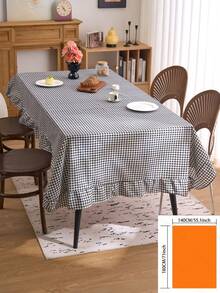 1件黑色格子圆形桌布，复古美式风格，带荷叶边，厨房/客厅装饰，情人节餐桌布 - 黑色 - 查看 10