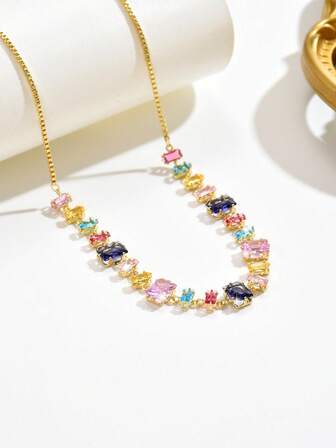 1 pieza Collar de piedras de circonita cúbica multicolor lujoso, collar elegante con circonita incrustada para mujeres, adecuado para uso en fiestas y días festivos, regalo del Día de San Valentín