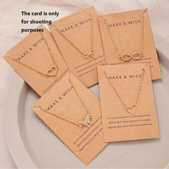 סט שרשרת תליון 5 חלקים לנשים בצורת פרפר, פפיון ולב - תכשיטי סגסוגת אבץ בסגנון חופשה פשוט, ללא ציפוי, מושלם לתלבושות קז'ואל וחג - מתאים לכל עונות השנה