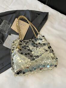 1pc Women's Fashion Solid Color Sequin Shoulder Bag, Portable Versatile Large Capacity Shoulder Tote Bag, Suitable For Dates, Work, Travel - Gold - View 9