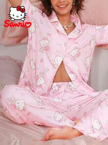 SANRIO Pajamoom 2 件套女士 Hello Kitty 翻领星月印花纽扣睡衣衬衫粉色短袖长裤睡衣套装，可爱睡衣套装，温馨家居服套装。 - 粉色 - 查看 2
