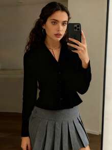 Womens Button Down Shirts Long Sleeve Lapel Collar Cinched Waist Tops Spring Fall Blouse - 黑色 - 查看 6