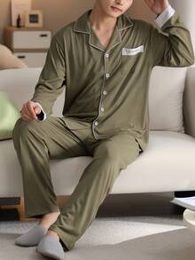 男士两件套睡衣，长袖V领上衣带口袋，纯色舒适长裤，休闲睡衣套装 - 橄欖綠 - 查看 4