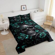 Erosebridal Gothic Bedding Set For Adluts Teens, Goth Skull Comforter Set Vintage Victorian Romantic Turquoise Rose Floral Quilt, Skeleton Boho Horror Bed Sets, Gothic Decor Pretty Room Decor, For Birthday Festival Gift, Cozy Machine Washable(Microfiber) - 綠色黑色 - 查看 2