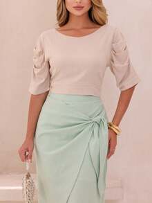 Linen Midi Skirt With Wrap Detail And Elegant Slit - 水綠 - 查看 4