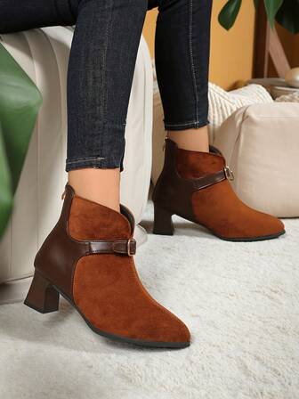 Side Zipper Buckle Elegant Retro Ankle Boots For Women, New Autumn/Winter Suede Patchwork Mid-Heel Short Boots, Back Zipper Short Boots, Women Spring/Autumn Short Boots