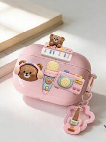 Cute Cartoon Music Bear Pink Shockproof Soft Case + Guitar Star Keychain / Beige Cute Bear Star Shockproof Earphone Case + Star Bell Pendant Bluetooth Earphone Case, Creative Design - Pink - View 12