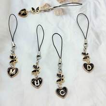 二合一黑色心形字母 A-Z + 蝴蝶手机挂绳，合金材质，26 个心形英文字母吊坠，多功能手机挂饰、钥匙扣和配件 - 黑色 - 查看 5