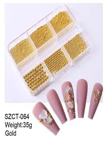 Una caja de 6 accesorios de arte de uñas de mini bolas de acero 3D, tamaños mixtos de 0.6/0.8/1mm mini cuentas de caviar de acero inoxidable pequeñas, bolas de metal en colores dorado, plateado y multicolor, piedras sintéticas y accesorios para uñas - Multicolor - Ver 3