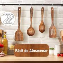 R's Juego de 4 Utensilios de Cocina de Madera de Teca Cucharas de Madera con Gancho Wooden Utencilios de Cocina Palas de Cocina para Uso Doméstico Restaurantes y Sartenes Antiadherentes - Marrn - Ver 5