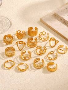 Conjunto de 4 anéis geométricos ovais vazados em aço inoxidável banhado a ouro 18K, perfeitos para uso feminino e como presentes de Natal. - Multicolorido - Ver 5