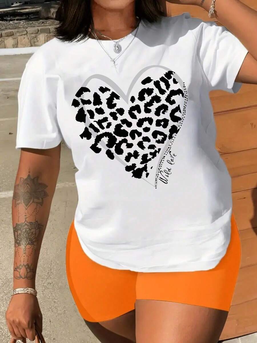 1 Women's White Summer T-Shirt - Casual Round Neck Top With Leopard Heart Print, Soft Short Sleeve Everyday T-Shirt, Sister Matching Set, Breathable, Fashion Must-Have, New Summer Holiday Gift - 黑色 - 查看 1