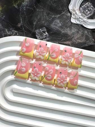 10pcs High-End Dopamine Color Series, Hand-Painted Three-Dimensional Carved Patterns, Fine Flash Point Diamonds Handmade Fake Nails, Nail Patches Suitable For Spring Outings, Picnics, Camping, Valentine's Day And Thanksgiving Events