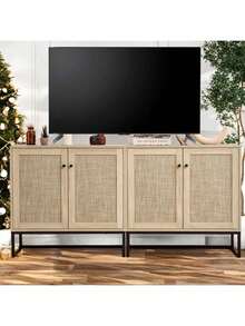 Armario de almacenamiento de ratán de 2 puertas Gabinete de aparador Buffet Accent Gabinete Mesa de consola de granja con armario de cocina de almacenamiento para sala de estar Entrada del pasillo - Marrón - Ver 4