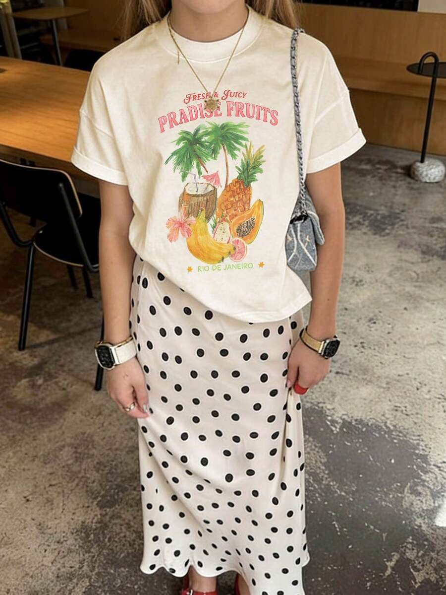 Tween Girls' Casual Apricot Printed Round Neck Short Sleeve T-Shirt, Summer Top - Apricot - View 1