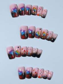 24片中号方形彩虹渐变闪粉爱心美甲贴纸，法式美甲贴纸，短款完美贴合亚克力假指甲套装，包含：1片果冻胶和1个指甲锉，爱心美甲适合女性和女孩日常佩戴，也适合情人节派对美甲用品。 - 彩色 - 查看 3