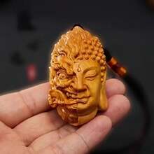 VingeGa Estatua de Buda de 4 caras con expresiones emocionales, decoración de talla de madera hecha a mano, colgante de pared tallado, talla de madera de ciprés con expresiones emocionales - alegría, enojo, tristeza, felicidad - decoración para el hogar, oficina, espacio de meditación, arte espiritual y ornamento cultural asiático, altar doméstico, artesanía exquisita, ideal para practicantes espirituales - Multicolor - Ver 12