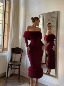 Women's Vestidos De Fiesta De Noche Autumn And Winter Bodycon Off-Shoulder Vestidos De Fiesta Elegantes Fashion Fur Collar Long Sleeved Temperament Slim Fit Evening Dress Dress Prom Dress Vestidos Elegantes De Mujer - 酒紅色 - 查看 13