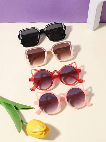 1 Set 4PCS Girls 4-8Y Casual Shiny Openwork Square Frame And Cute Cat Ears Frame Fashion Glasses For Outdoor With Glasses Box