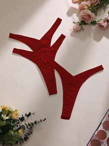 3条装女士纯色舒适无痕丁字裤 - 紅色 - 查看 2