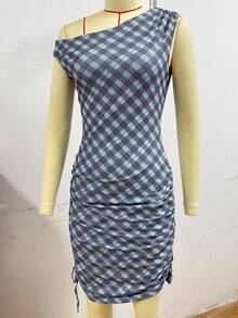 Y2K New Year Sexy Off-The-Shoulder Drawstring And Form-Hugging Plaid Dress For Women ,Valentine's Day
