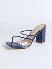 Women's Navy Blue Square Toe Thick Heel Transparent Strap Sexy High Heel Sandals, Soft Leather Chunky Heels, Fashion Versatile Comfortable Shoes - Royal Blue - View 6