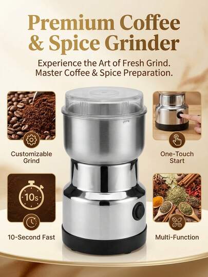 1. Molinillo eléctrico multifuncional, puede moler ingredientes alimenticios, granos de café, condimentos, etc., capacidad de 300ml, con 4 cuchillas incorporadas, adecuado para uso en la cocina del hogar como molinillo de especias