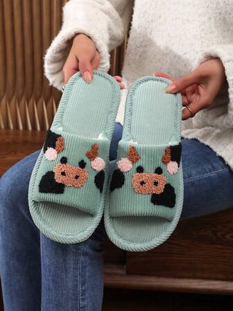 Pantuflas de mujer de pana con bordado de vaca creativo, pantuflas cómodas de felpa de rayas sólidas para uso en interiores, casual, playa, adecuadas para todas las estaciones