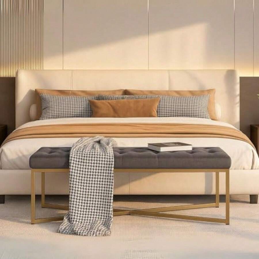 GOMYHOME Banco Otomano Tapizado 120cm Otomano Terciopelo Taburete para Recamara Banco de Dormitorio Moderno Banco de Entrada Gris - Gris - Ver 1