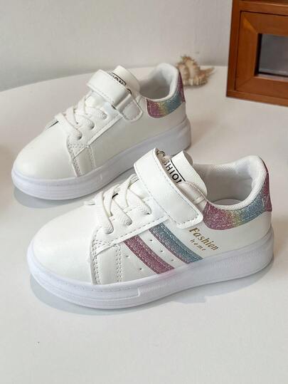 1 Pair Versatile White Sneakers With Colorful Striped Pattern And "Fashion" Accent, Style! Please Refer To The Size Chart And Order One Size Up As The Shoes Run Small.