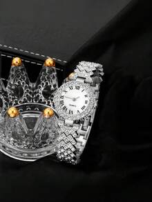2 piezas Reloj de mujer de moda casual con esfera de números romanos y diamantes completos, con set de accesorios de joyería que incluye pulsera con strass, regalo de fiesta, boda, playa, vacaciones o San Valentín