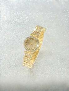 2pcs Elegant Quartz Watch With Jewelry Accessory Set, Fashionable Round Lady Wrist Watch & Rhinestone Bracelet