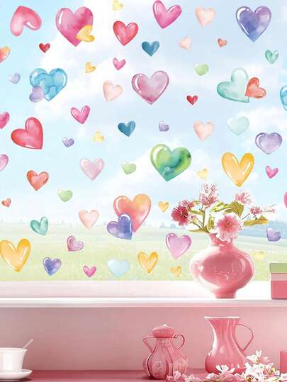 Valentine's Day Window Stickers, New Colorful Heart-Shaped Festive Wall Decorations, PVC Self-Adhesive Window Decorations.