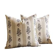 1pc Faux Linen Floral Throw Pillow Covers 18x18 Block Print Pillow Covers Neutral Floral Striped Farmhouse Decorative Pillow Covers For Sofa Couch Bed, Brown Single-Sided Print Without Zipper - 4 - Xem 2