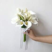 白色马蹄莲郁金香花束，触感逼真，适合新娘/伴娘婚礼，手工仿真新娘结婚花束，婚礼配饰，情人节家居婚礼派对装饰 - 白色 - 查看 15