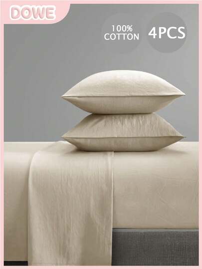 4pcs 100% Cotton Bedding Set, Easy Care, Linen Feel, Includes 1 Flat Sheet, 1 Fitted Sheet, 2 Pillowcases, Available In Oversized, Queen, Full, Twin Sizes, 35cm Deep Pocket, Breathable, Comfortable Sleep, Minimalist Style, Great Gift For Parents, Friends
