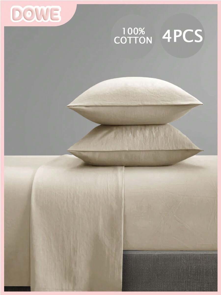 4pcs 100% Cotton Bedding Set, Easy Care, Linen Feel, Includes 1 Flat Sheet, 1 Fitted Sheet, 2 Pillowcases, Available In Oversized, Queen, Full, Twin Sizes, 35cm Deep Pocket, Breathable, Comfortable Sleep, Minimalist Style, Great Gift For Parents, Friends - Khaki - View 1
