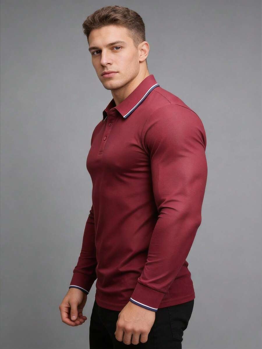 Men's Contrast Collar Long Sleeve Casual Business Commute Polo Shirt, Spring/Autumn