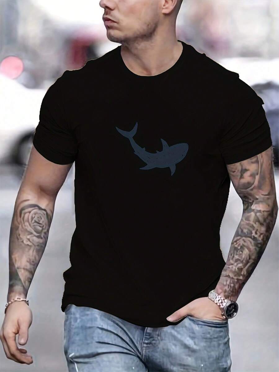 Camiseta Casual de Cuello Redondo para Hombre con Diseño de Tiburón Caprichoso - Algodón Suave. Manga corta. Ajuste Regular. Comodidad para todas las estaciones. Perfecto para adultos. Camiseta de uso diario con estampado de tiburón caprichoso de ajuste cómodo - Negro - Ver 1