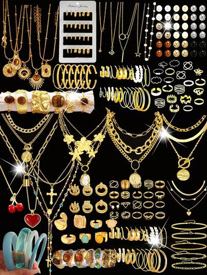 86pcs/68pcs/54pcs/42pcs/35pcs/8pcs Vintage Elegant Romantic French Retro Metal Resin Faux Pearl Heart Flower Butterfly Cherry Pendant Jewelry Set Necklace Ring Earrings Bracelet Bangle, Suitable For Women Date Holiday Wedding Party Birthday Gift, Autumn/Winter, Valentine's Day, New Year, High Cost-Effective Jewelry Set