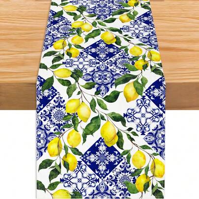 [1pc Blue Lemon Table Runner] Fresh Blue 1pc Lemon Florals Print Table Runner | For Farmhouse Home Dining Kitchen Table Decor Indoors Outdoors Party