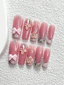 10pcs Shiny AB Rhinestone Nail Stickers, Pinched Flower Nail Stickers, French Fake Nails, Bow Nail Jewelry, Pink Nail Gel, 3 Sizes Available (Almond, Duck Bill, Coffin), Includes Nail Tools (1 Jelly Sticker + 1 Nail File), Suitable For Parties, Gatherings, And Daily Wear Nail Supplies Handmade Press On Nails - 彩色 - 查看 12
