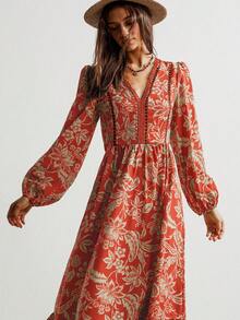Rusttydustty Đầm dài tay màu nâu cổ chữ V ren khoét rỗng kiểu Bohemian, thích hợp cho đi biển, lễ hội âm nhạc, kỳ nghỉ nhiệt đới, thanh lịch. - Màu Cam cháy - Xem 2