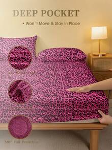 2/3pcs Set Deep Pink Leopard Print Bedding Set (1pc Bed Skirt + 1/2pcs Pillowcase), Sweet Girly Style Mattress Protector, Bed Sheet Set, Soft & Breathable, Fits Twin, Full, Queen, King Size Beds - Bed Skirt Depth Up To 11.8 Inches, Home Textile - Hot Pink - View 4